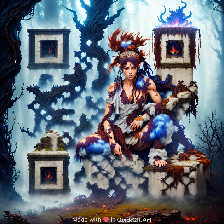 Dreadful Drida Dragonkin, Sitting pose on one knee, dark bronzy skin, glowing indigo eyes, fiery cinnamon hair, messy dreadlocks hairstyle, hulking, tattered ancient robes, eerie misty forest environment, atop a crumbling stone pedestal, Impressionism, Softbox lighting, watercolor 